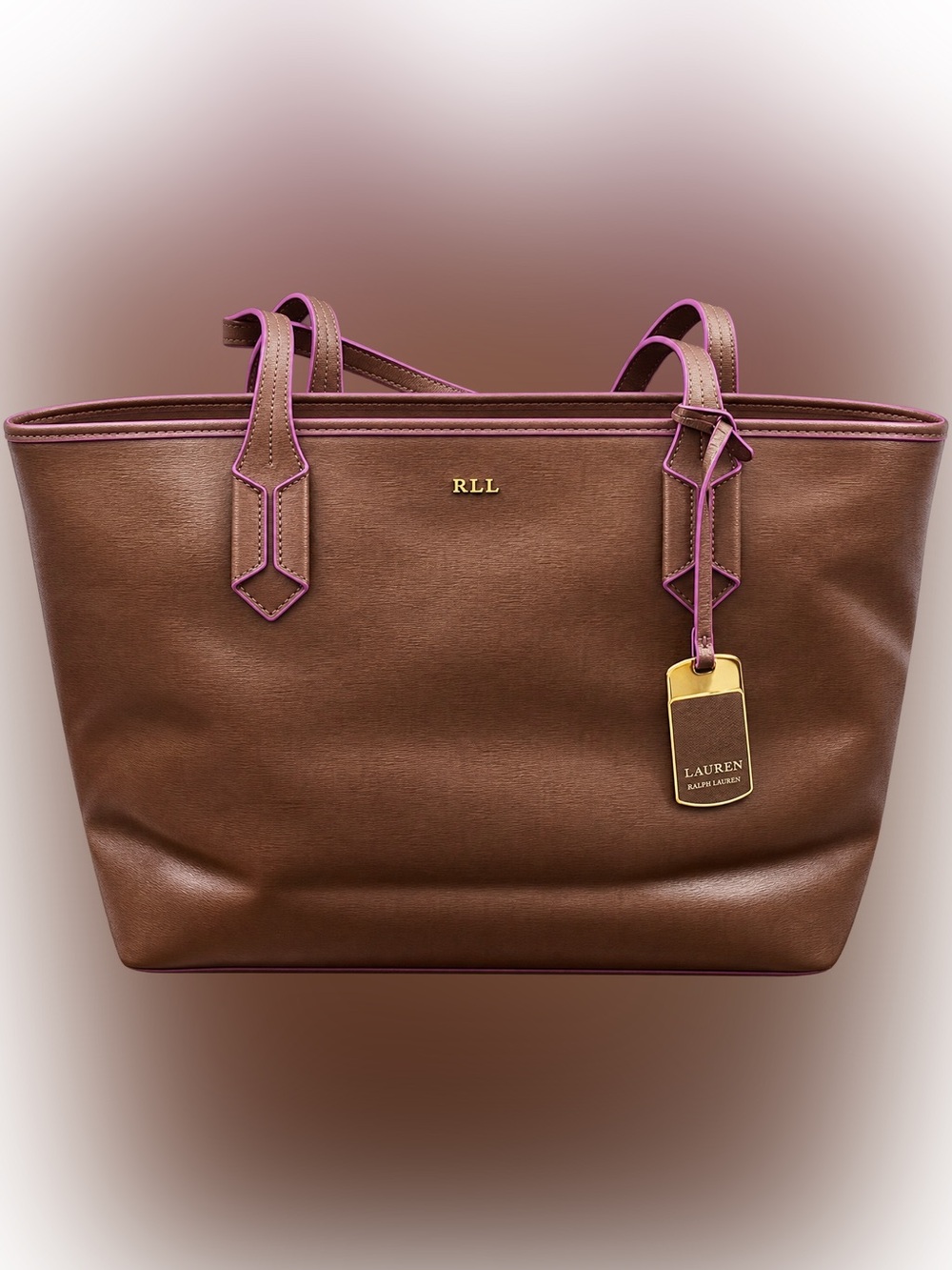 Ralph Lauren Brown Leather Tote with Purple Trim and Gold Accents